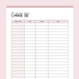 Printable Contact List - Pink