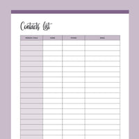Printable Contact List - Purple