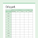 Printable Cost Of Goods Sold Tracker - Green