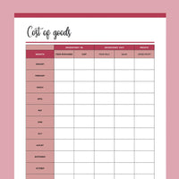 Printable Cost Of Goods Sold Tracker - Red