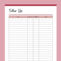 Printable Customer Follow Up Tracker - Red