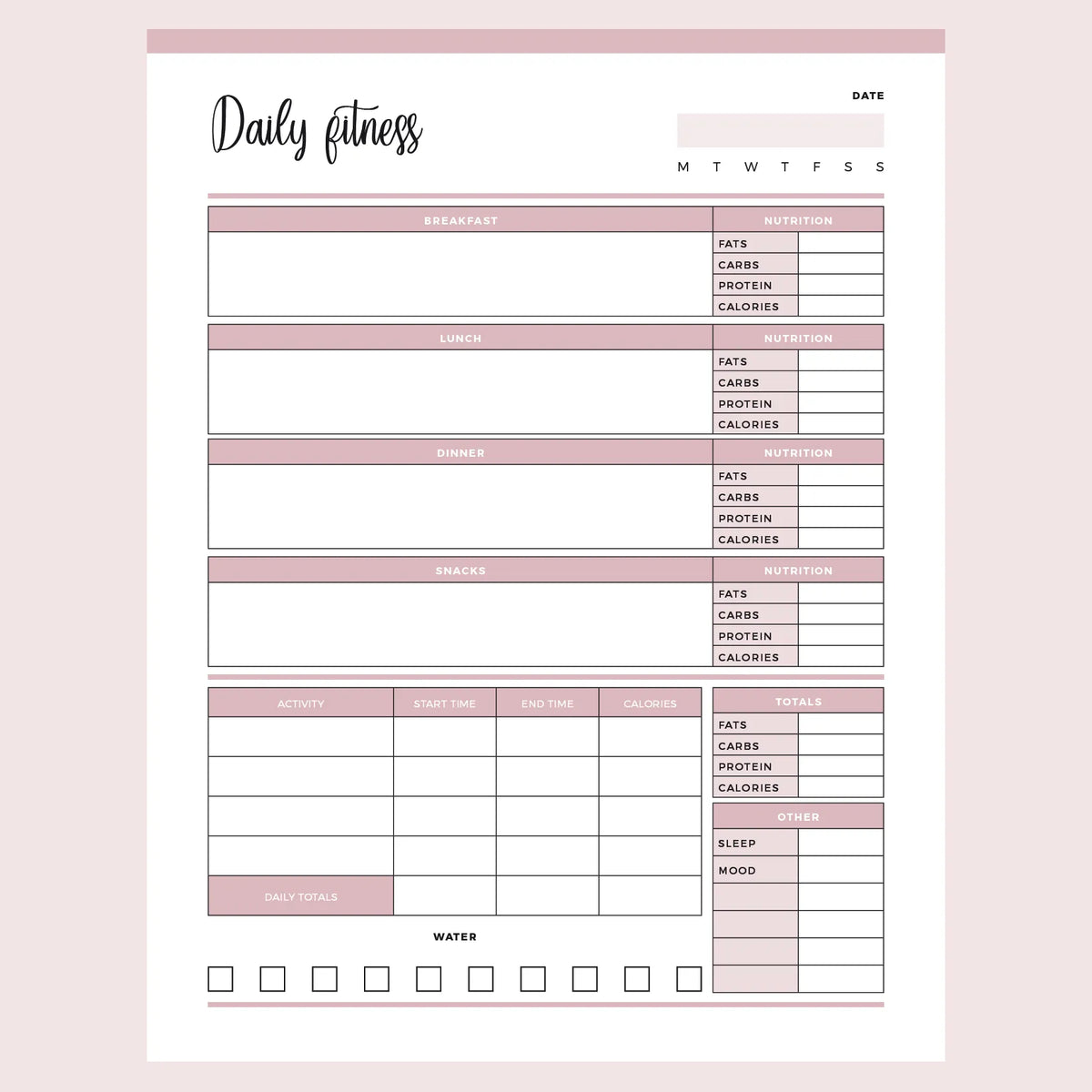 Printable Daily Fitness and Weightloss Template | Downloadable PDF ...