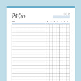 Printable Daily Pet Care Chart - Blue