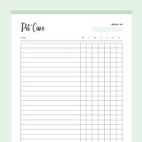Printable Daily Pet Care Chart - Green