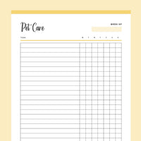 Printable Daily Pet Care Chart - Yellow