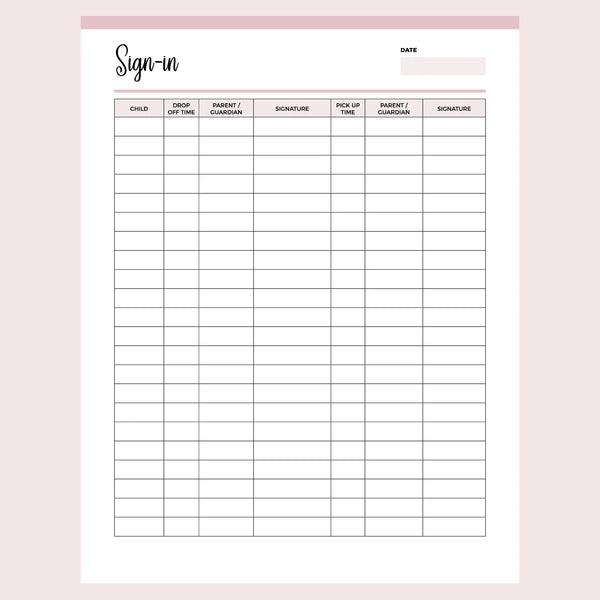 Printable Day Care Sign-In Template