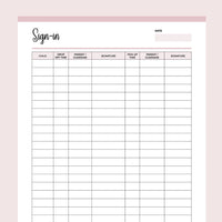 Printable Day Care Sign-In Template - Pink
