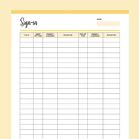 Printable Day Care Sign-In Template - Yellow