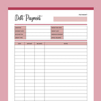 Printable Debt Payment History - Red