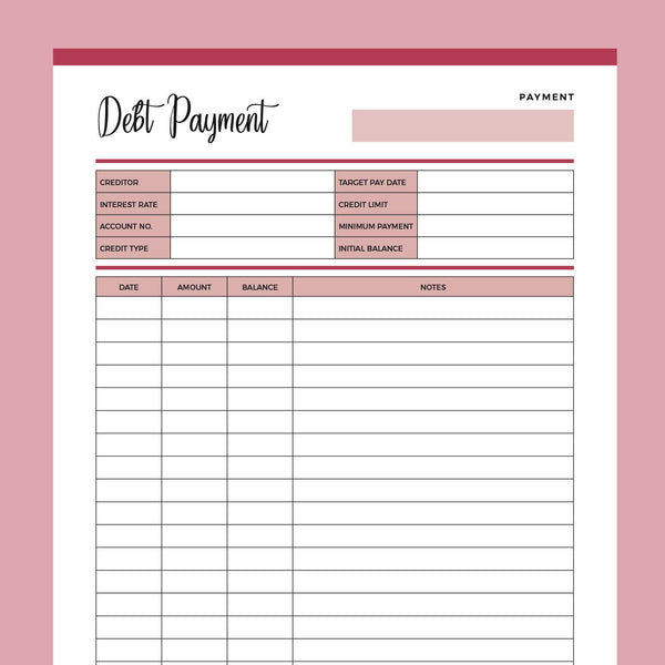 Printable Debt Payment History Sheet Instant Download PDF Plan