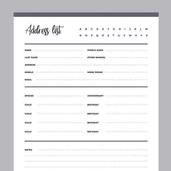 Printable Detailed Address Book Template, Instant download PDF