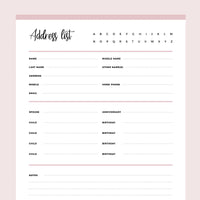 Printable Detailed Adress Book Template - Pink