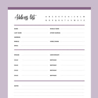 Printable Detailed Adress Book Template - Purple