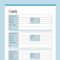 Printable Detailed Contact List - Blue