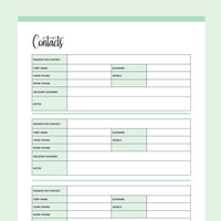 Printable Detailed Contact List - Green
