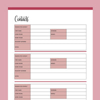 Printable Detailed Contact List - Red