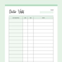 Printable Doctor Visits Tracking Template - Green