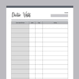 Printable Doctor Visits Tracking Template - Grey