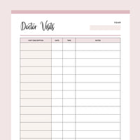 Printable Doctor Visits Tracking Template - Pink