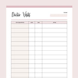 Printable Doctor Visits Tracking Template - Pink