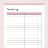 Printable Dog Grooming Log - Pink