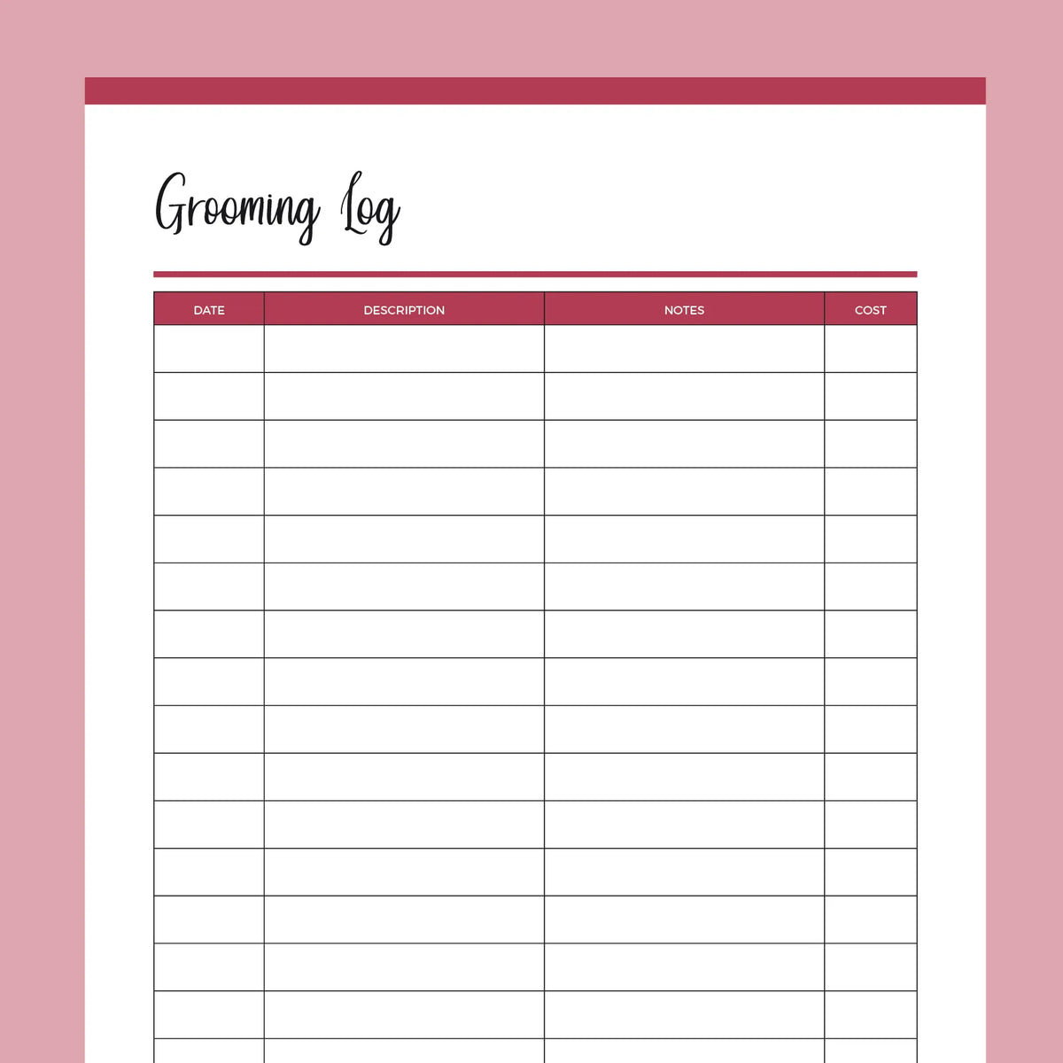 Printable Dog Grooming Log 