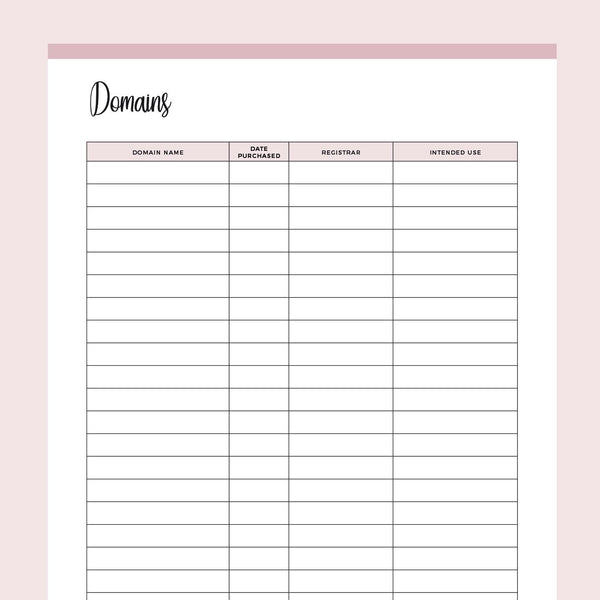 Name. Log In Printable Domain Name Registration Log – Plan Print Land