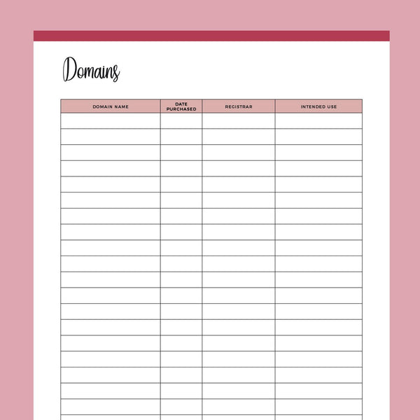 Name Rd Log Printable Domain Name Registration Log – Plan Print Land