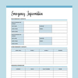 Printable Emergency Information Document - Blue