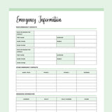 Printable Emergency Information Document - Green