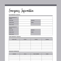 Printable Emergency Information Document - Grey