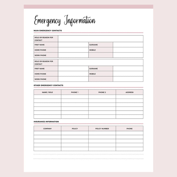 Printable Emergency Information Document – Plan Print Land
