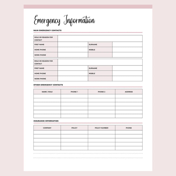 Printable Emergency Information Document