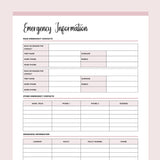 Printable Emergency Information Document - Pink