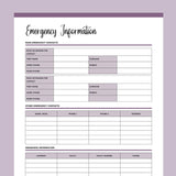 Printable Emergency Information Document - Purple