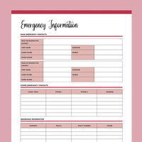 Printable Emergency Information Document - Red
