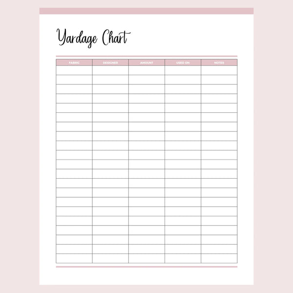 Printable Fabric Yardage Chart