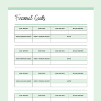 Printable Financial Goals Template - Green