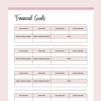 Printable Financial Goals Template - Pink