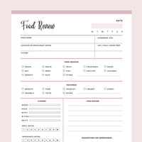 Printable Food Review Template - Pink