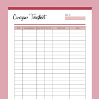 Printable Home Health Care Time Sheet - Red