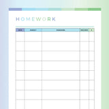 Printable Homework Log For Kids - Green and Blue Rainbow