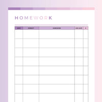Printable Homework Log For Kids - Pink and Purple Rainbow