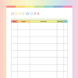 Printable Homework Log For Kids - Rainbow