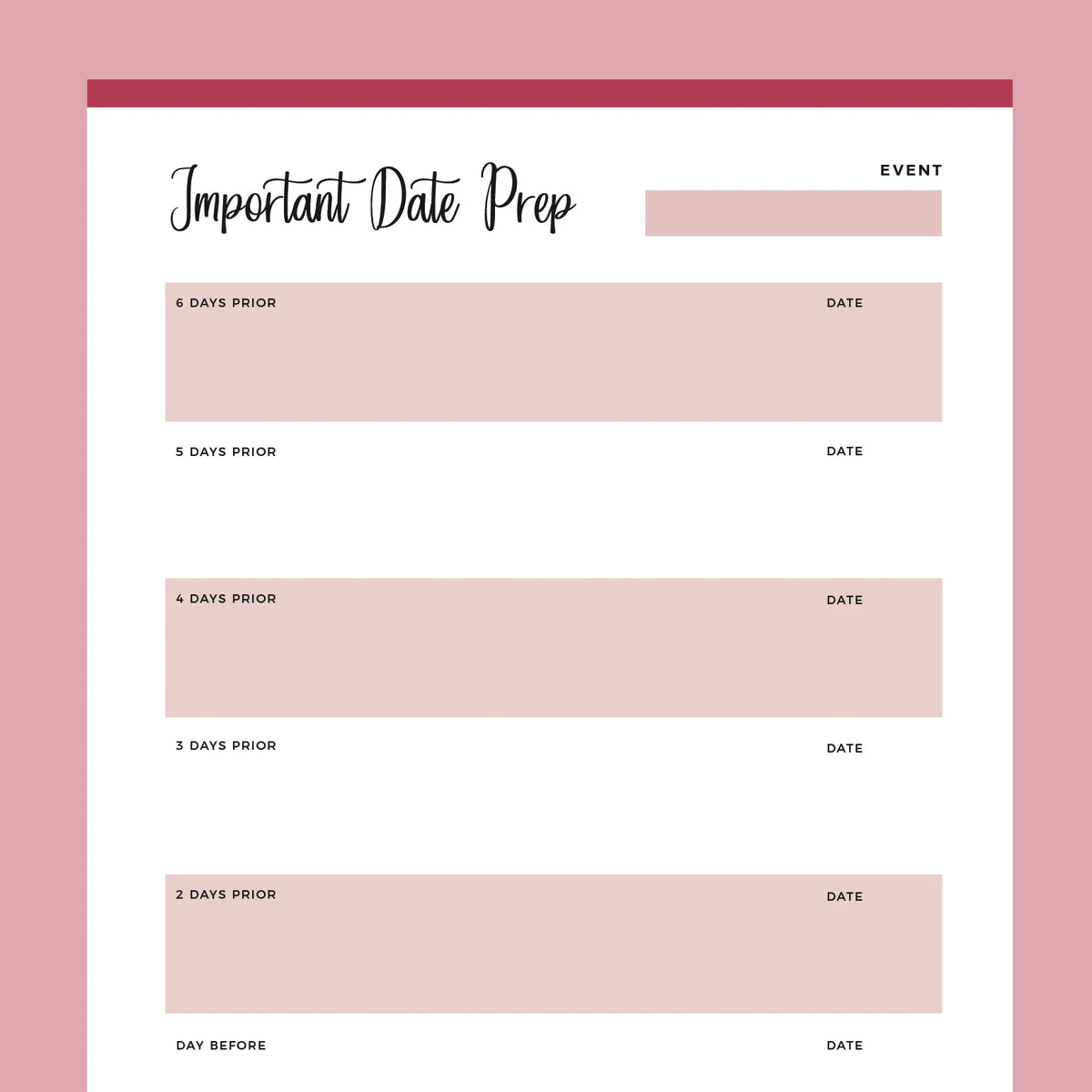 Printable Important Date Preparation Template | Instant Download PDF ...