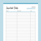 Printable Important Dates List For Students - Blue