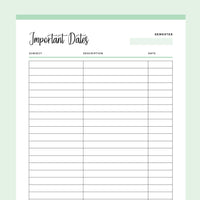 Printable Important Dates List For Students - Green
