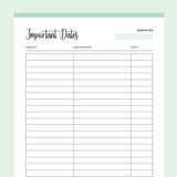 Printable Important Dates List For Students - Green
