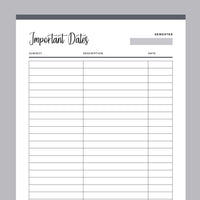 Printable Important Dates List For Students - Grey