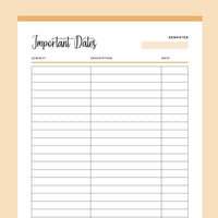 Printable Important Dates List For Students - Orange